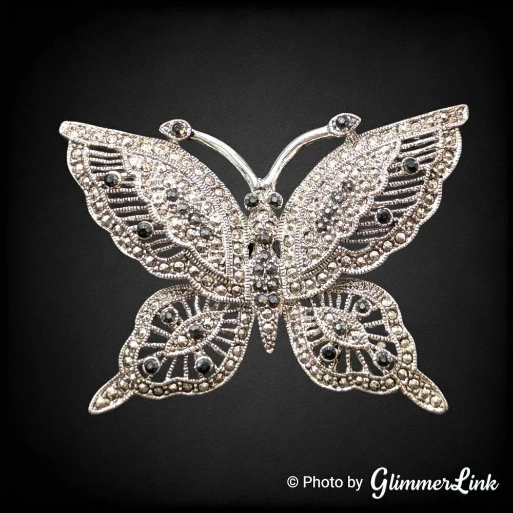 Vintage Black Rhinestone Faux Marcasite Butterfly Large Silver Plated Brooch